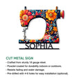 Colorful floral sewing machine metal sign shown with a cut-metal sign features infographic
