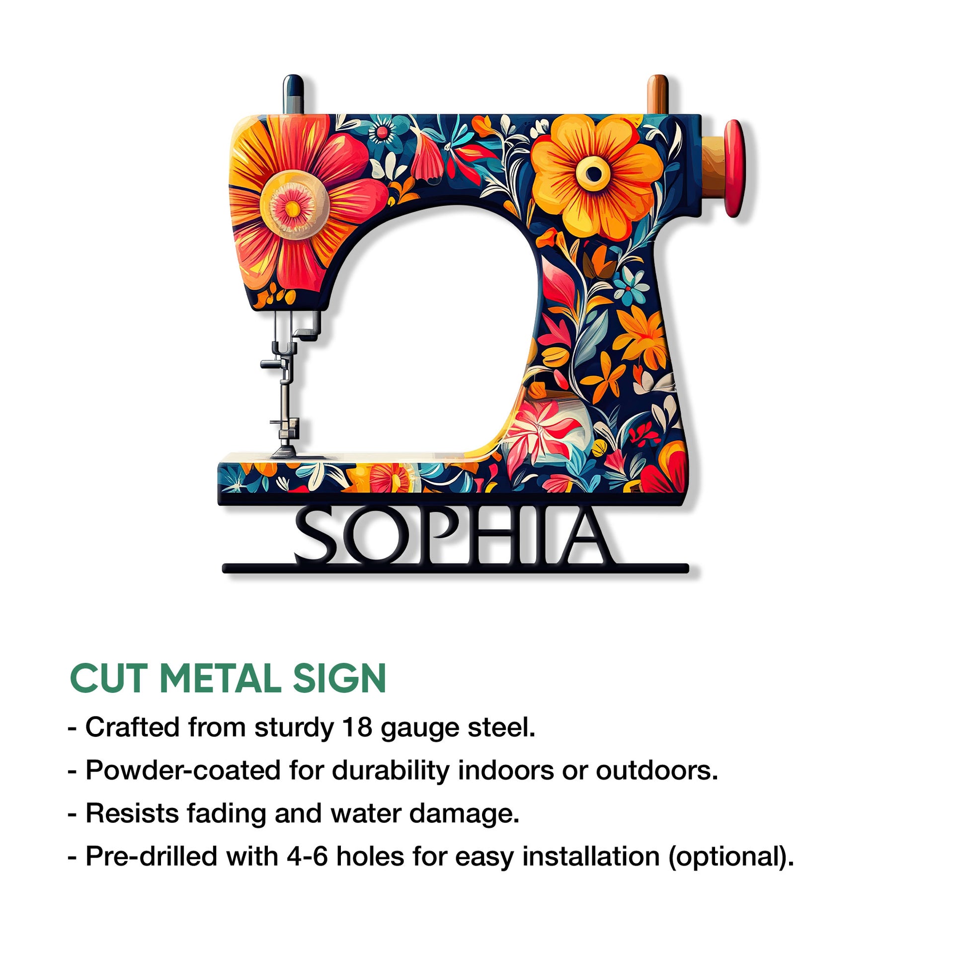 Colorful floral sewing machine metal sign shown with a cut-metal sign features infographic