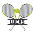 Tennis metal sign featuring crossed tennis rackets and a bright green tennis ball
