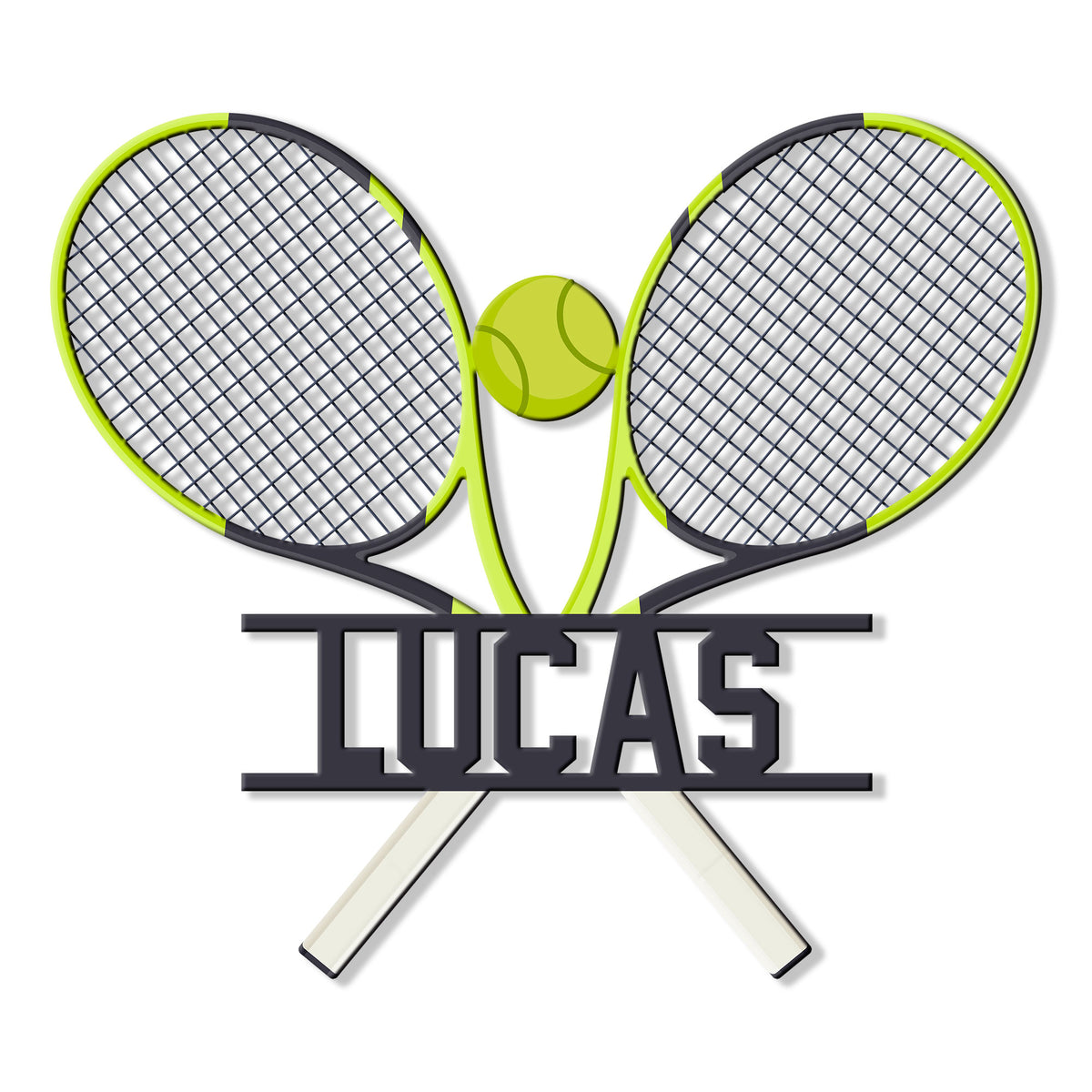 Tennis metal sign featuring crossed tennis rackets and a bright green tennis ball
