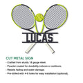 Cut metal tennis racket sign shown with product feature information for indoor or outdoor display