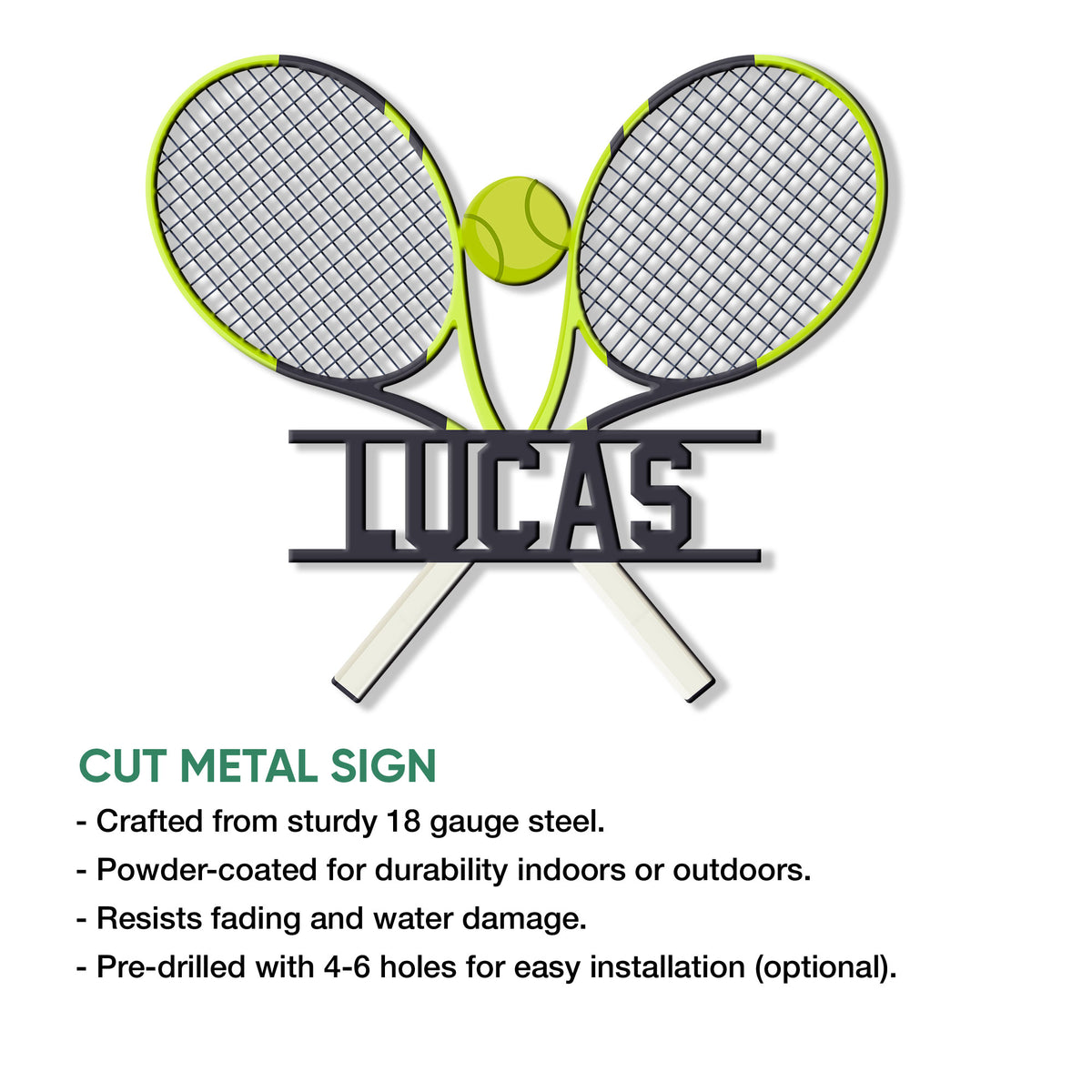Cut metal tennis racket sign shown with product feature information for indoor or outdoor display