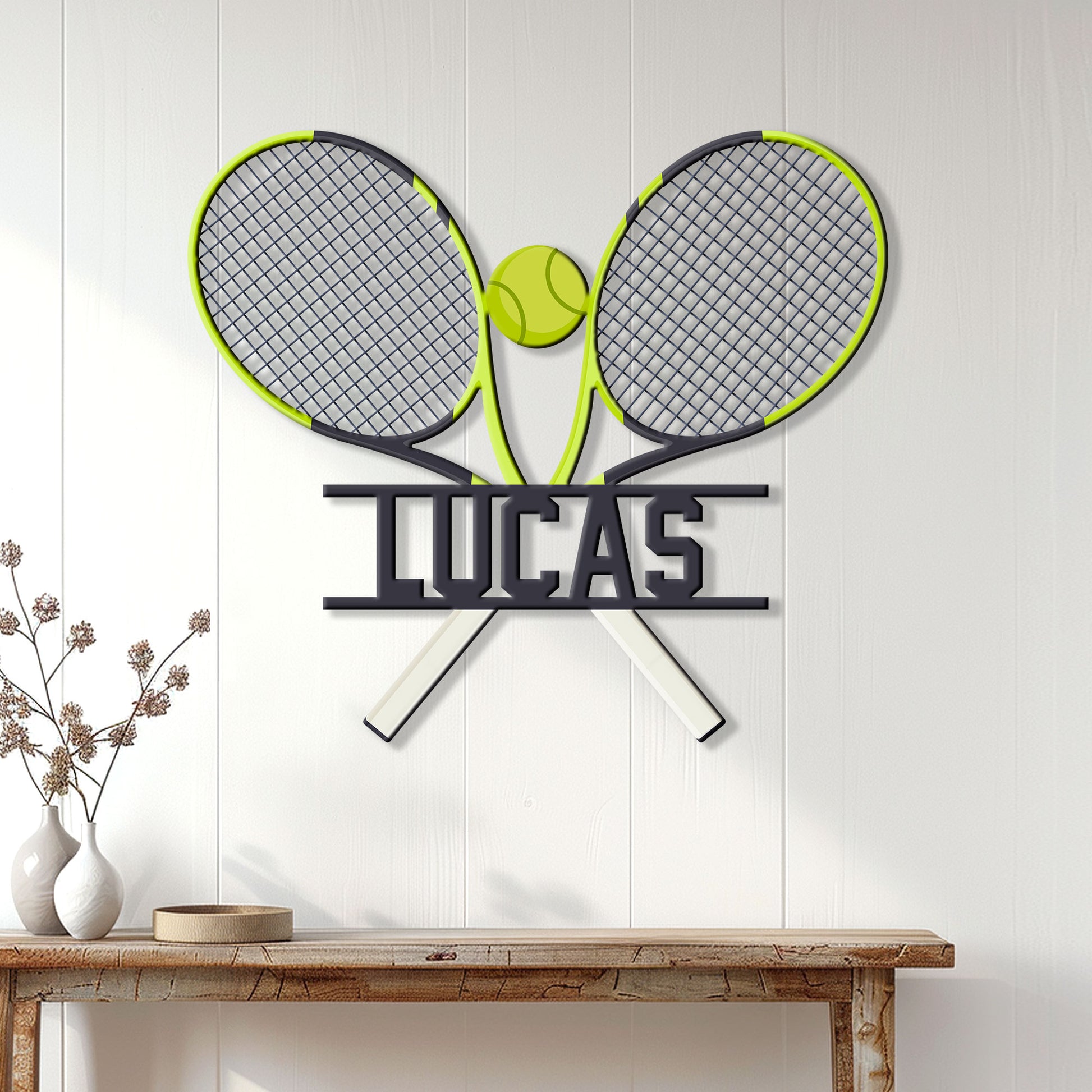 Tennis racket metal wall sign displayed on a light wood-paneled wall in a home interior