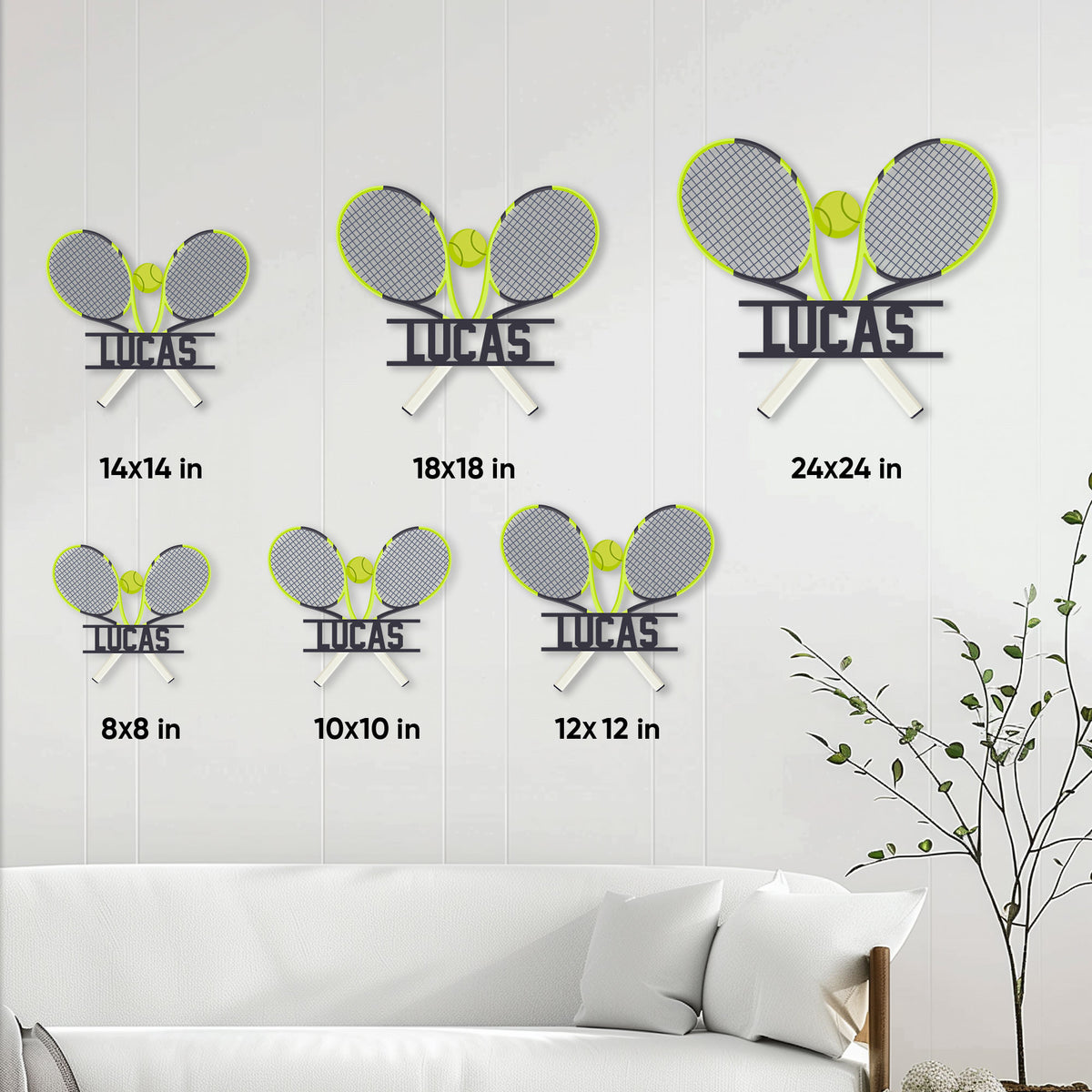 Tennis metal sign size guide showing multiple available dimensions on a wall