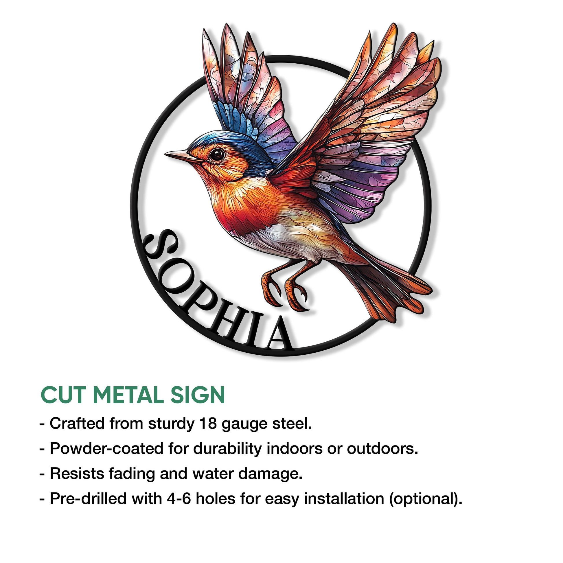 Robin cut metal sign featuring a colorful flying bird design and product feature information