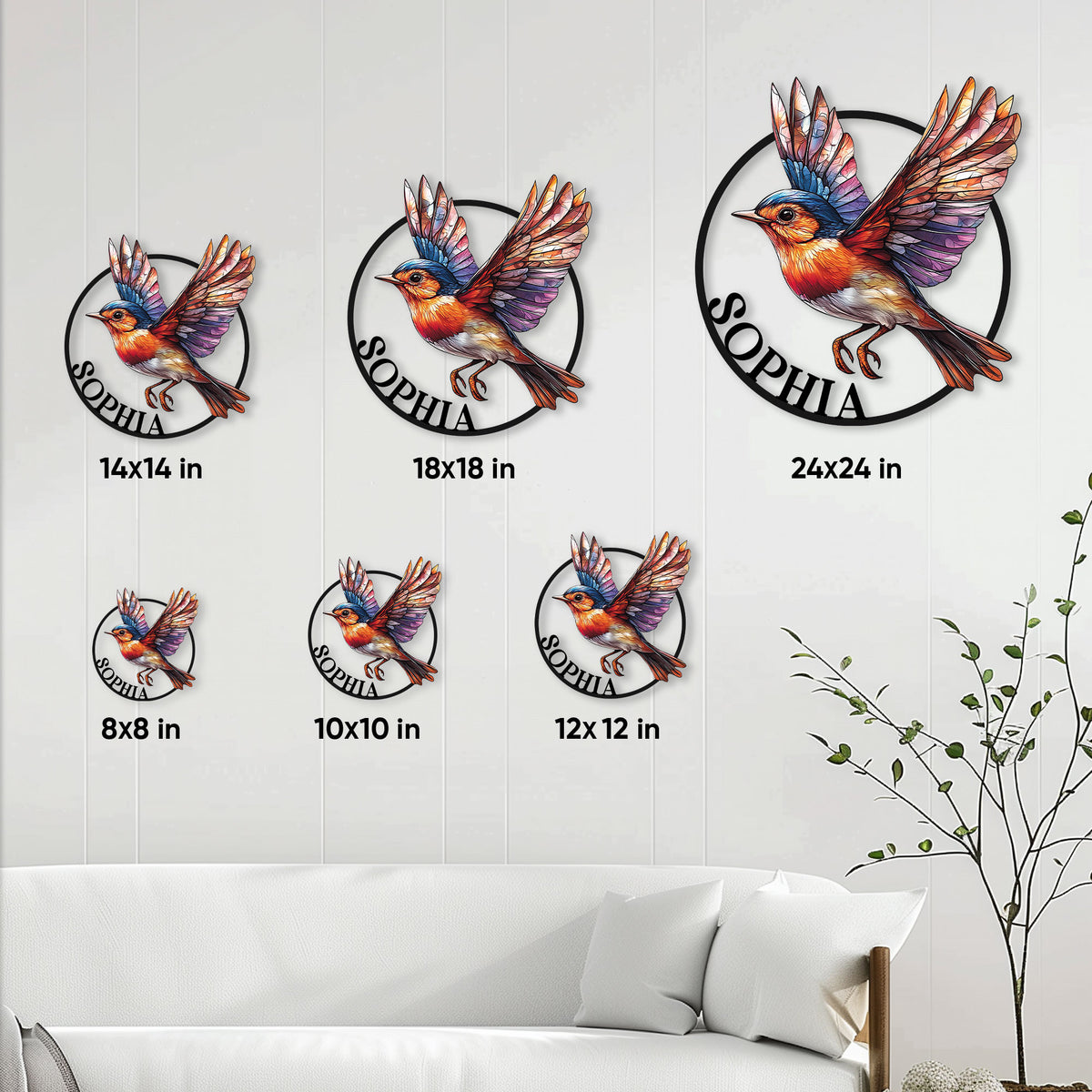 Robin metal sign size guide showing six square size options displayed on a living room wall