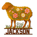 Decorative sheep metal sign featuring a colorful floral body, grassy base, and custom farm-inspired design