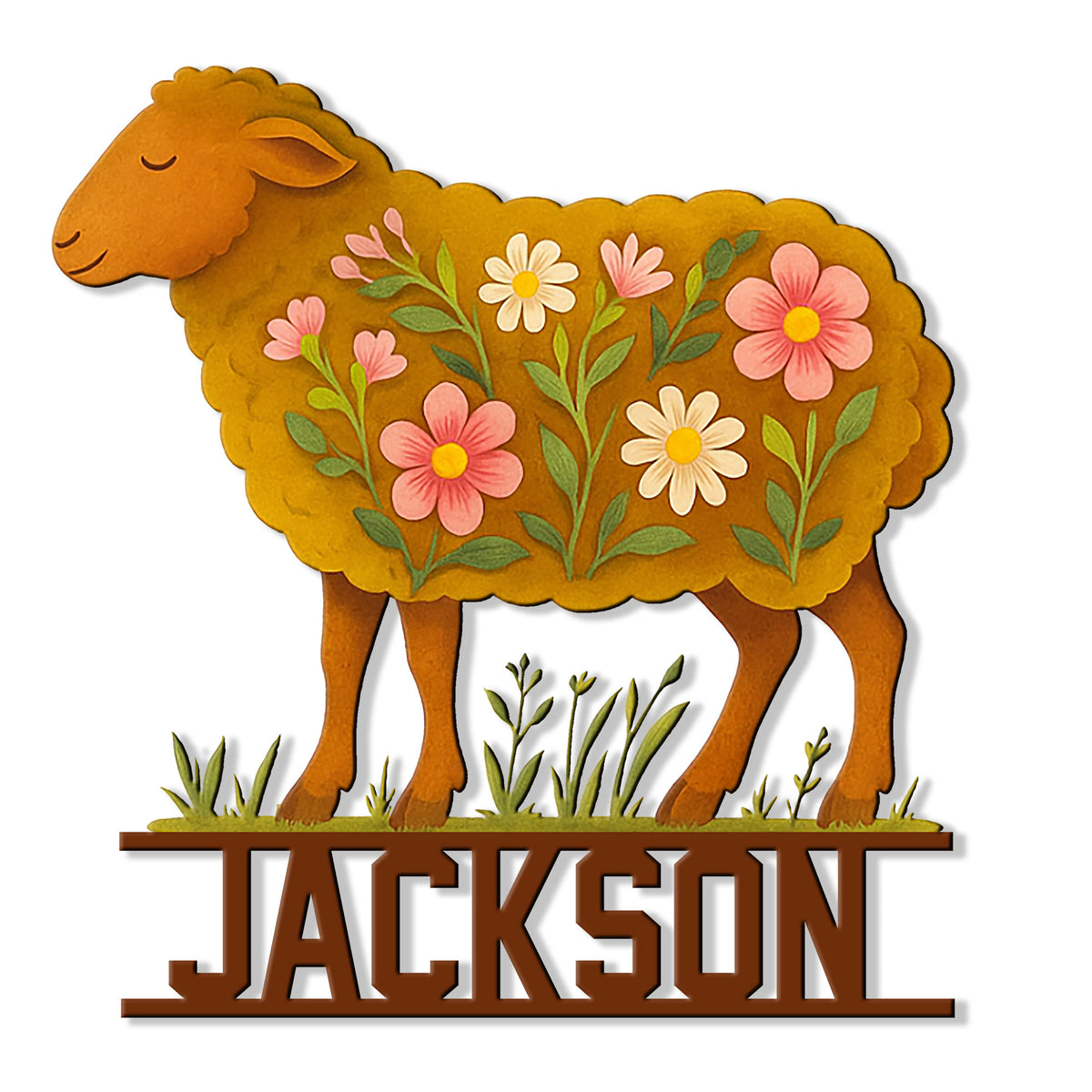 Decorative sheep metal sign featuring a colorful floral body, grassy base, and custom farm-inspired design