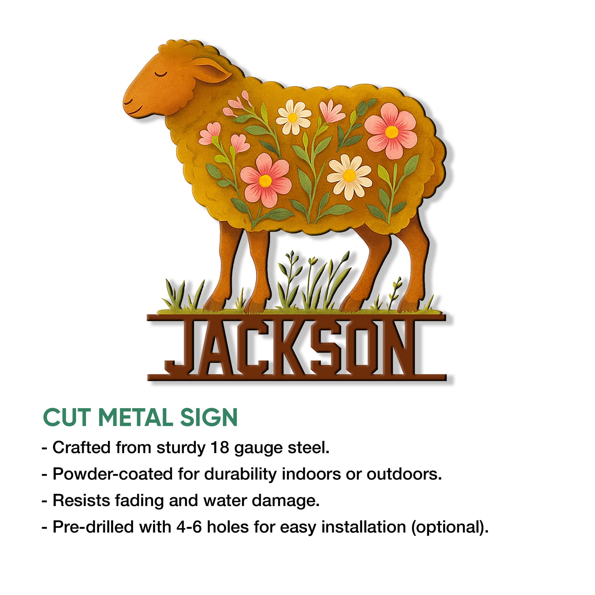 Cut metal sheep sign with a flower-covered body, grass detail, and custom design for indoor or outdoor decor