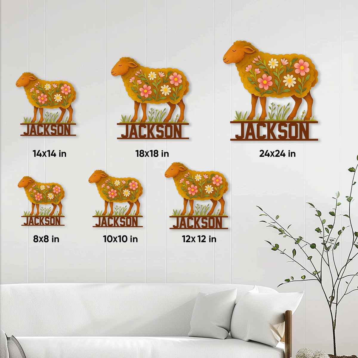 Sheep metal sign size guide showing available square dimensions from 8 by 8 to 24 by 24 inches