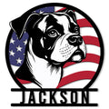 Custom bulldog metal sign featuring a bold black-and-white dog portrait over an American flag backdrop