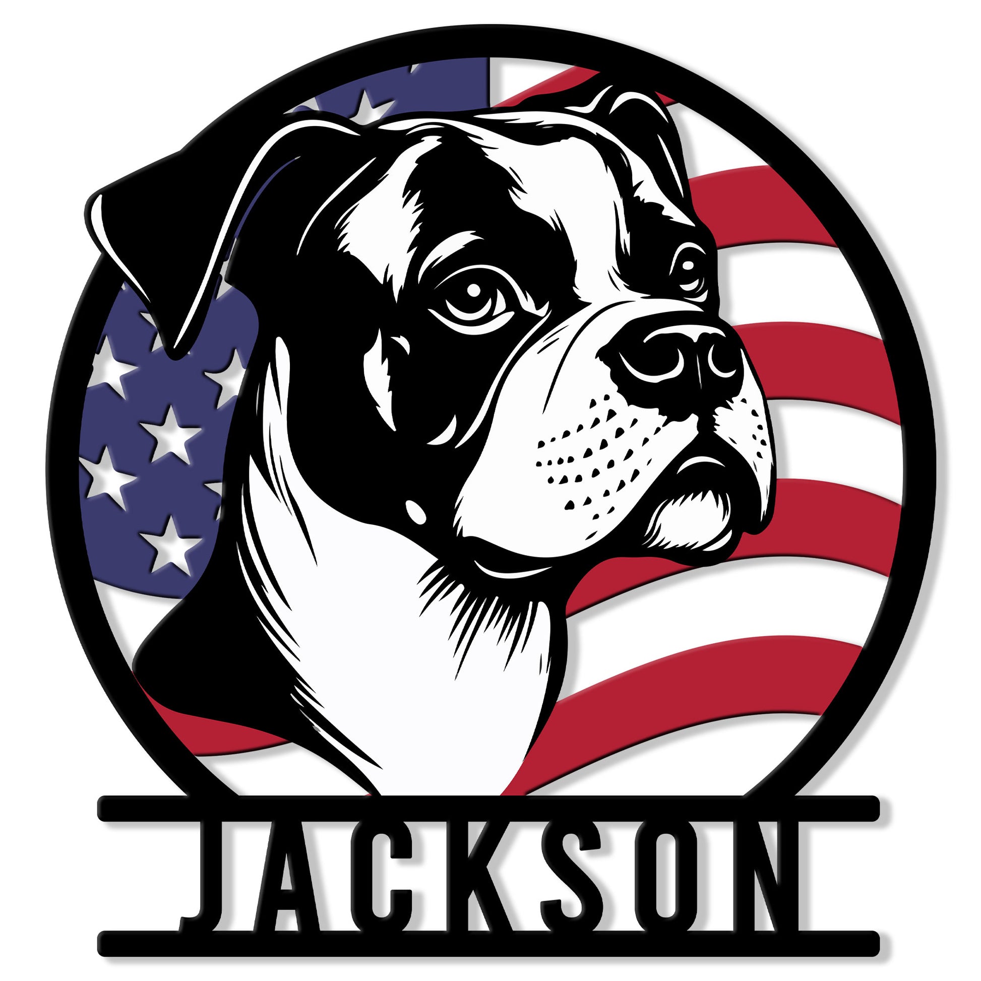Custom bulldog metal sign featuring a bold black-and-white dog portrait over an American flag backdrop