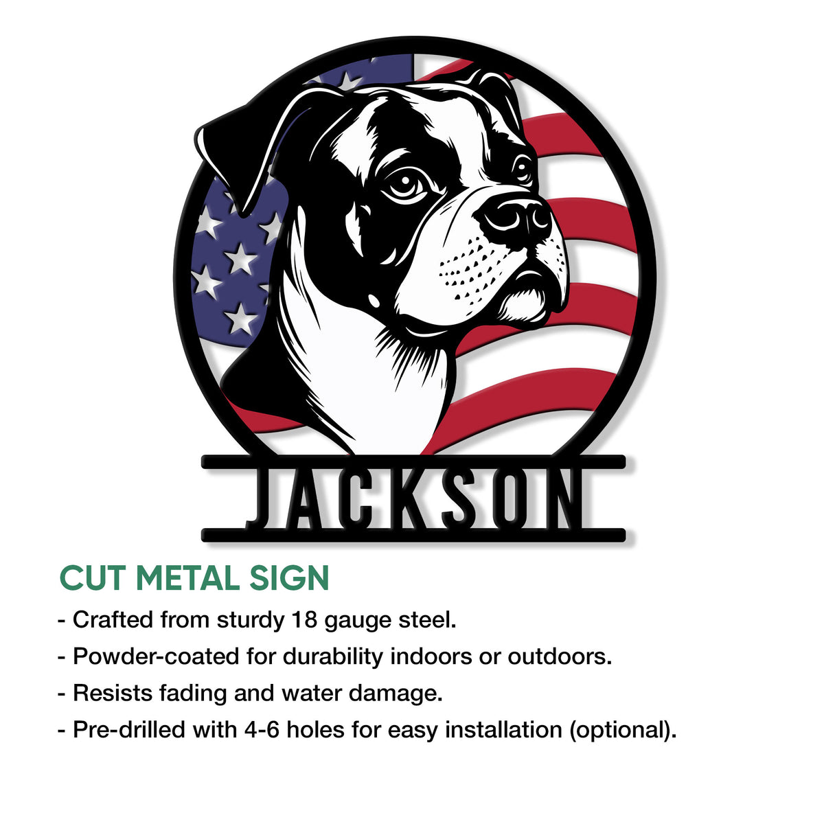 Bulldog metal sign product presentation highlighting the patriotic dog artwork and cut metal design