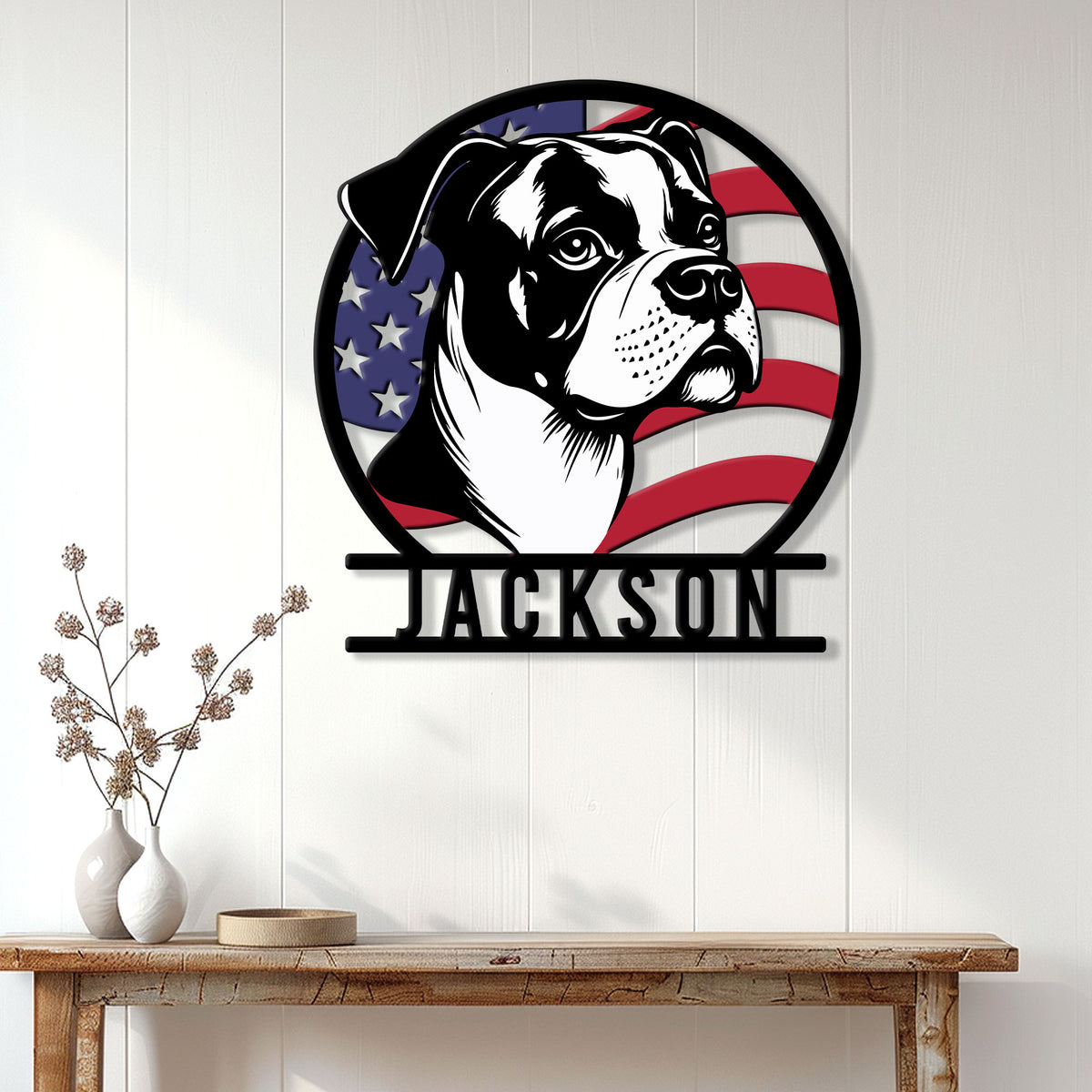 Patriotic bulldog wall sign displayed on a white paneled wall above a console table