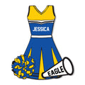 Custom cheerleading metal sign featuring a blue and yellow uniform, pom poms, and megaphone