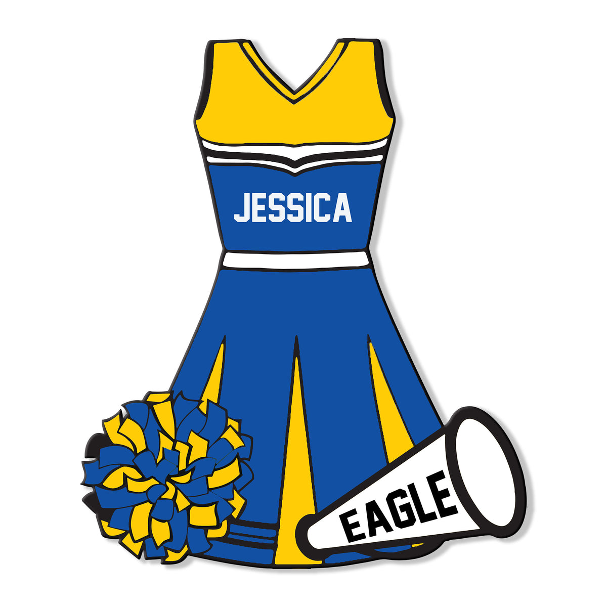 Custom cheerleading metal sign featuring a blue and yellow uniform, pom poms, and megaphone