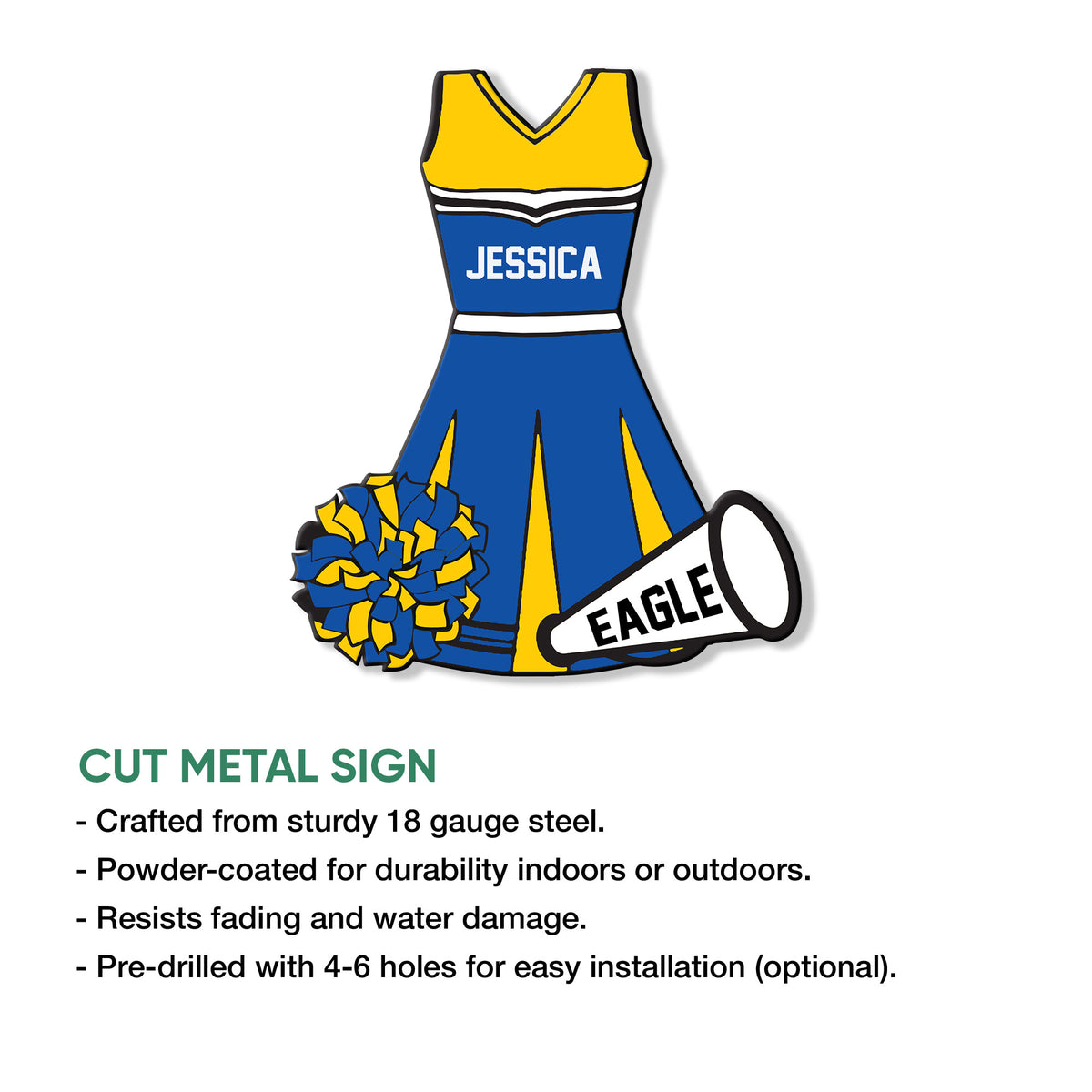 Cheerleading uniform metal sign shown with pom poms and megaphone, plus product feature details