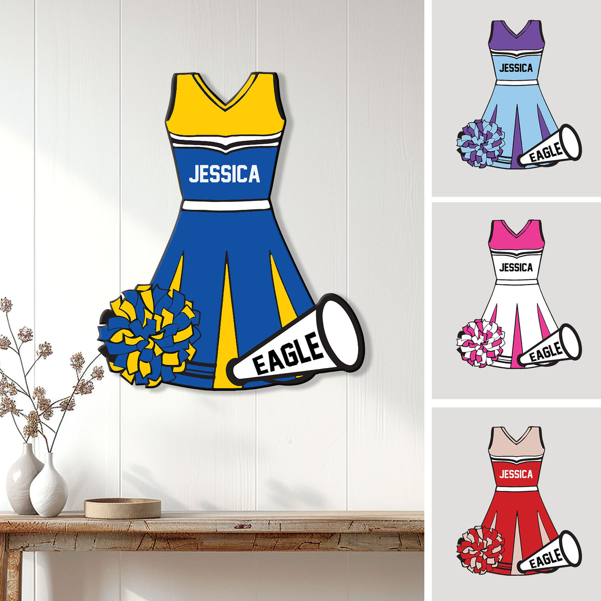 Cheerleading metal wall sign displayed in a room with alternate uniform color examples