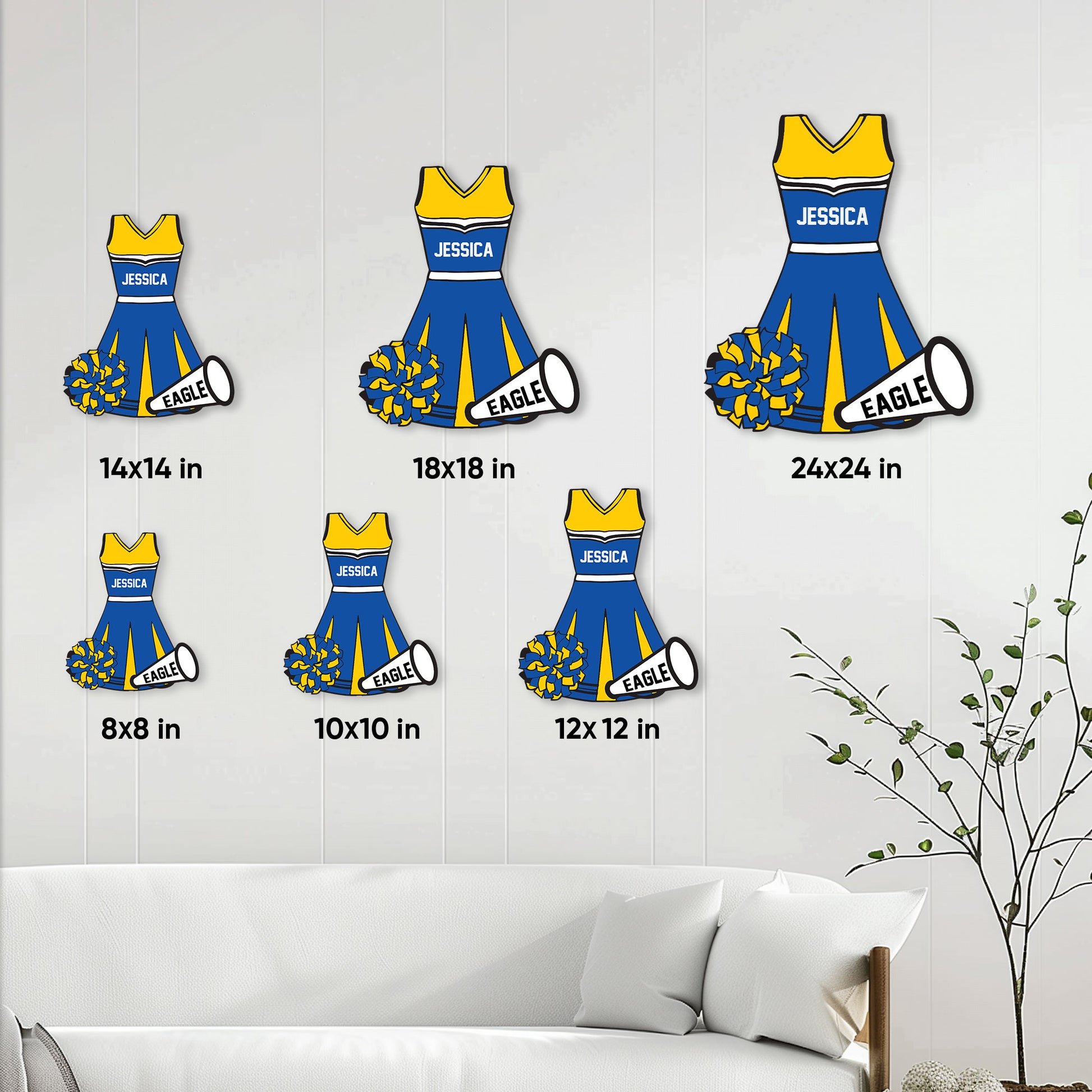 Cheerleader uniform metal sign shown in multiple size options from 8 by 8 to 24 by 24 inches