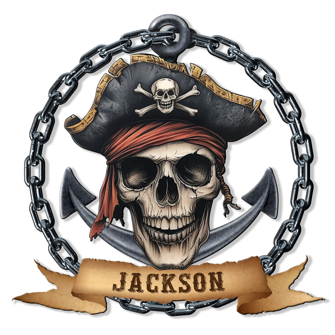 Custom pirate metal sign featuring a grinning skull in a tricorn hat, crossed anchors, chains, and a parchment banner