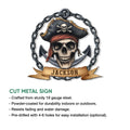 Pirate skull metal sign shown with a cut-metal sign feature infographic and installation details
