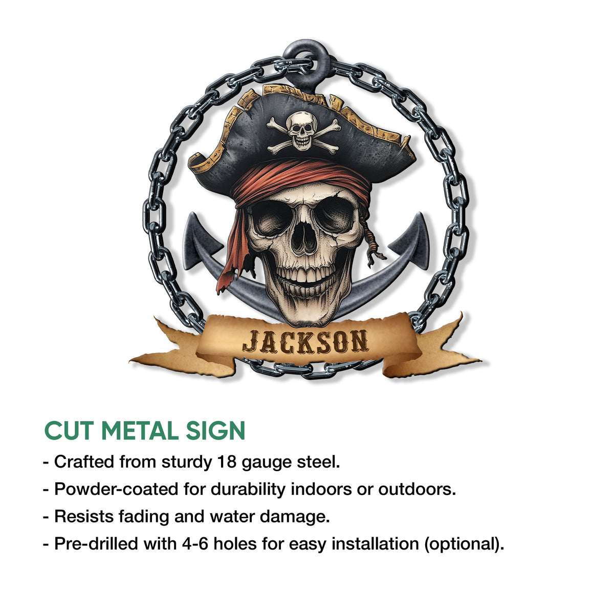 Pirate skull metal sign shown with a cut-metal sign feature infographic and installation details