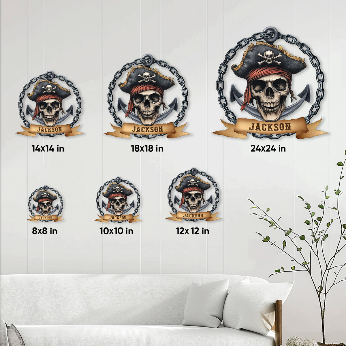 Pirate skull metal sign size guide showing available square sizes from 8 by 8 to 24 by 24 inches