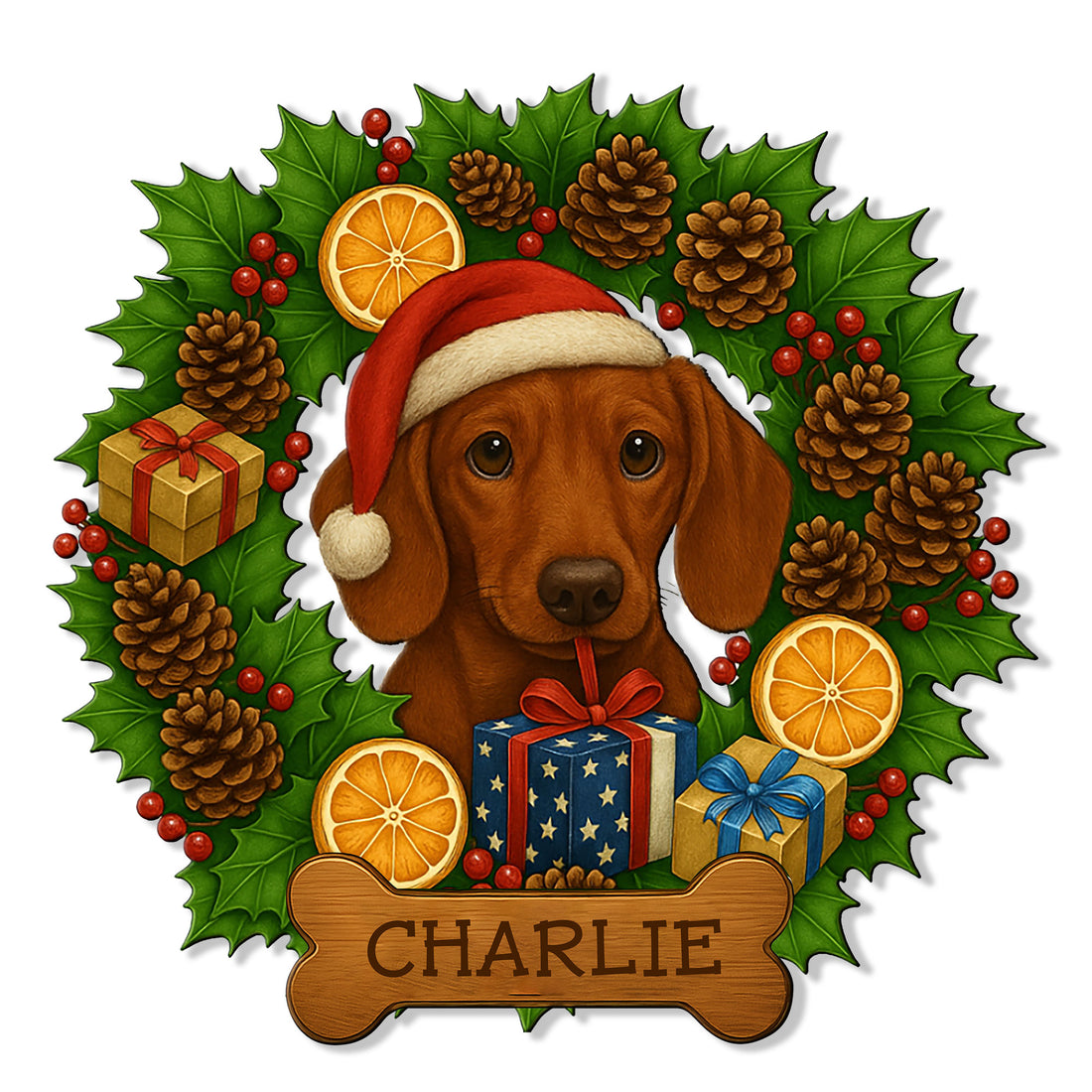 Festive Dachshund metal sign featuring a Santa hat, wrapped gifts, holly, pinecones, berries, and dried oranges