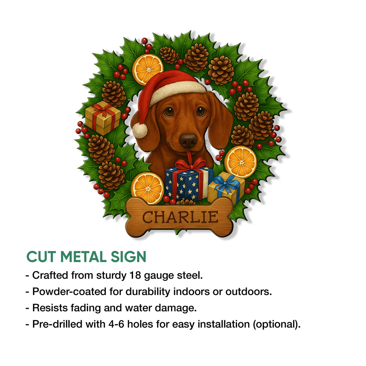Dachshund Christmas metal sign shown in a product feature infographic with a festive wreath design