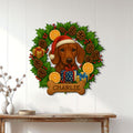 Festive Dachshund metal sign displayed on a white wood wall above a console table