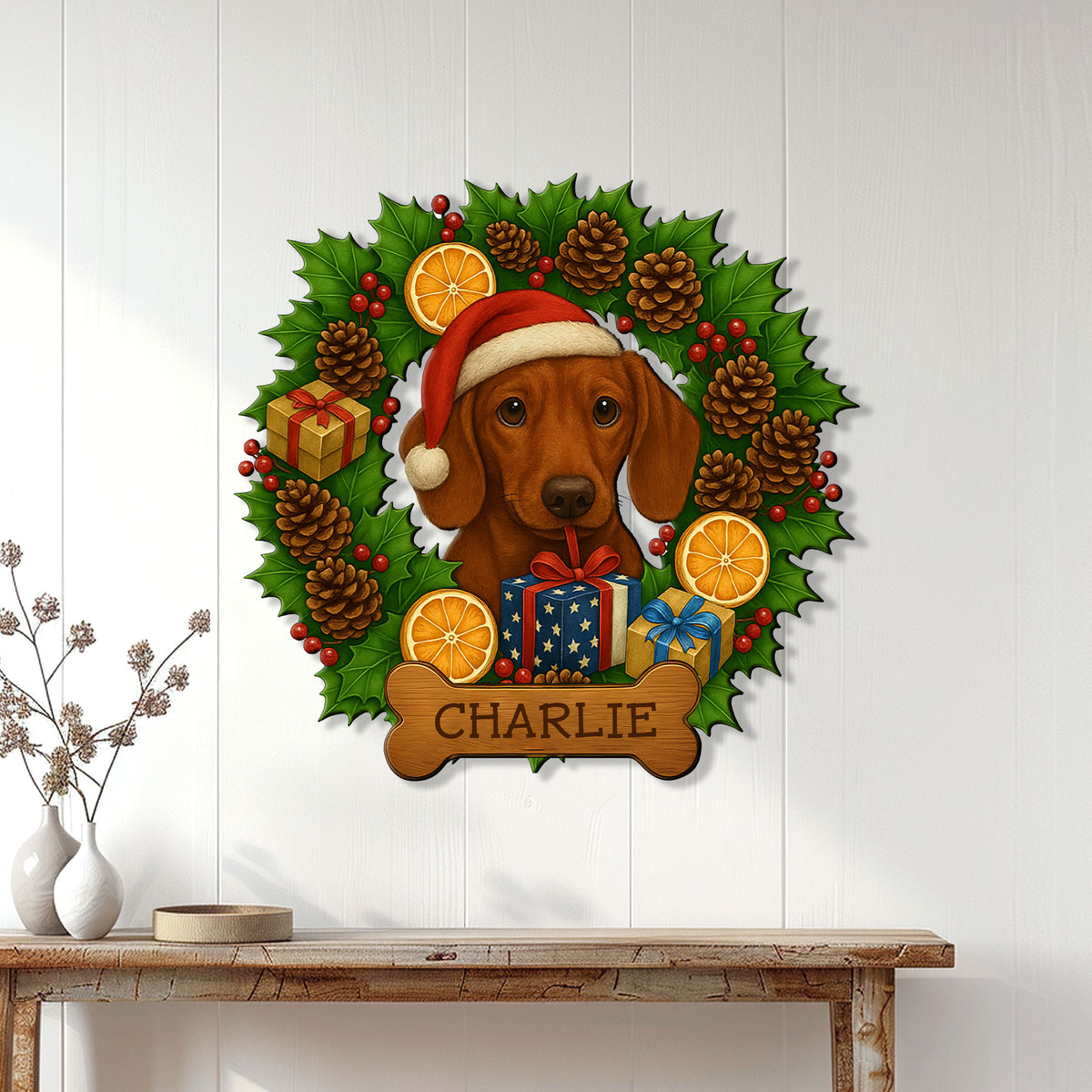Festive Dachshund metal sign displayed on a white wood wall above a console table