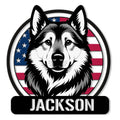 Custom Norwegian Elkhound metal sign featuring a detailed dog portrait over a patriotic American flag background