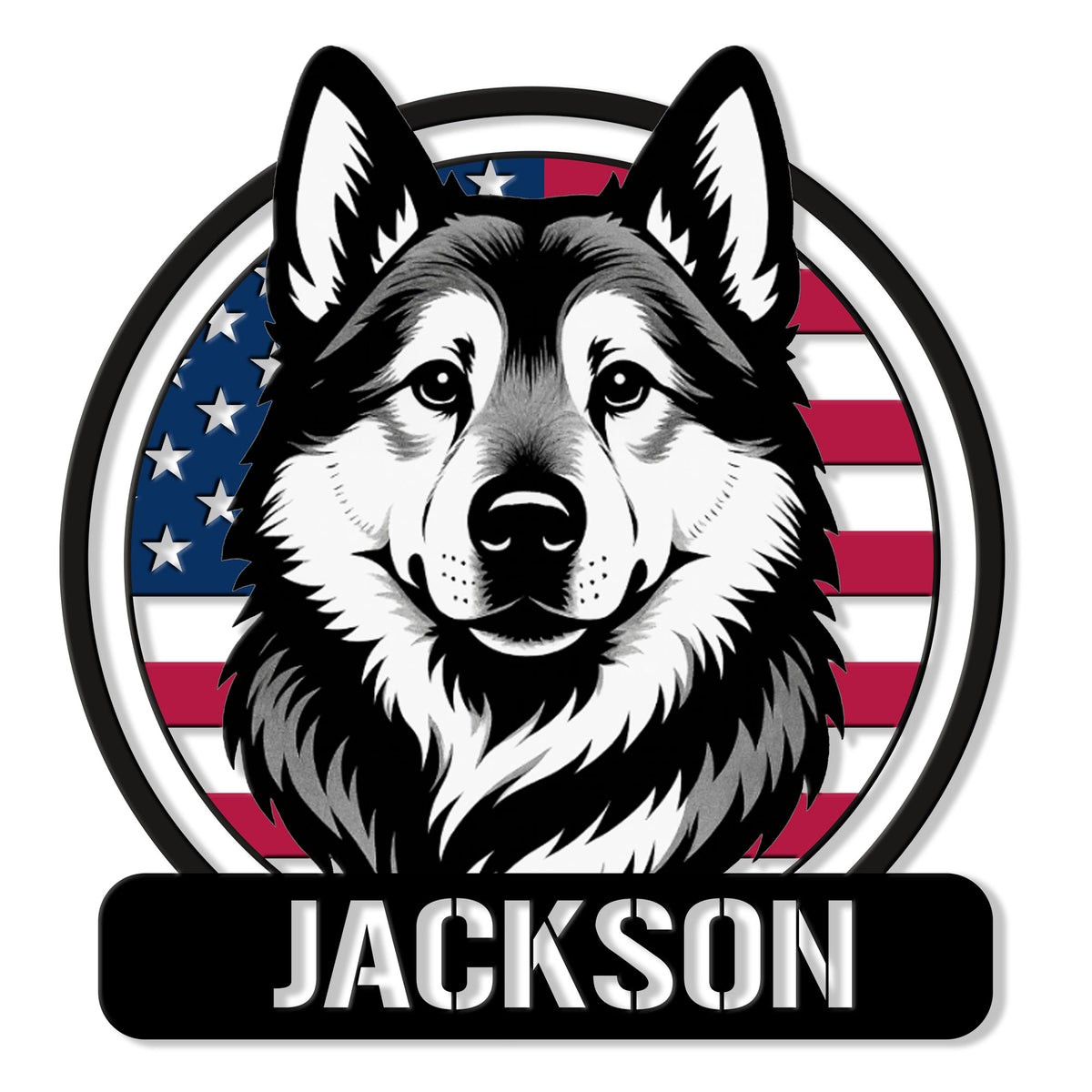 Custom Norwegian Elkhound metal sign featuring a detailed dog portrait over a patriotic American flag background