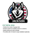 Norwegian Elkhound metal sign shown with cut-steel construction, finish, mounting, and indoor or outdoor use details
