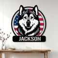 Norwegian Elkhound wall sign displayed on white paneled decor above a rustic console table