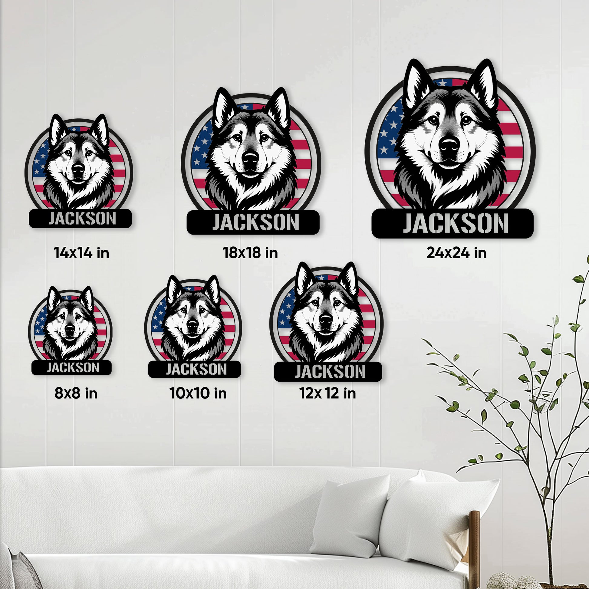 Norwegian Elkhound metal sign size guide showing available square sizes from 8 by 8 to 24 by 24 inches