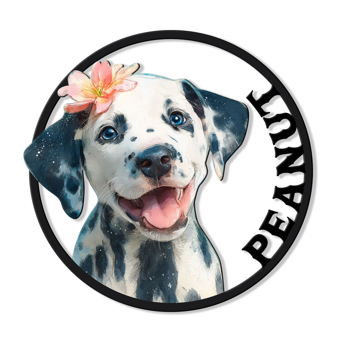Watercolor Dalmatian puppy metal sign with a pink flower, black circular border, and vertical lettering