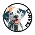 Watercolor Dalmatian puppy metal sign with a pink flower, black circular border, and vertical lettering