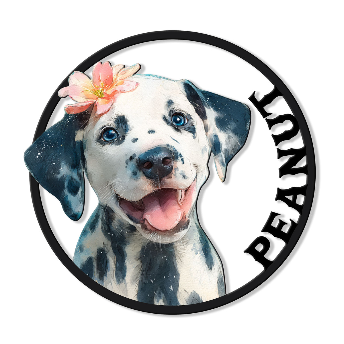 Watercolor Dalmatian puppy metal sign with a pink flower, black circular border, and vertical lettering