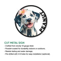 Dalmatian puppy cut metal sign feature graphic showing the round artwork and available installation options