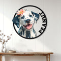 Dalmatian dog metal sign displayed on a white paneled wall above a rustic console table