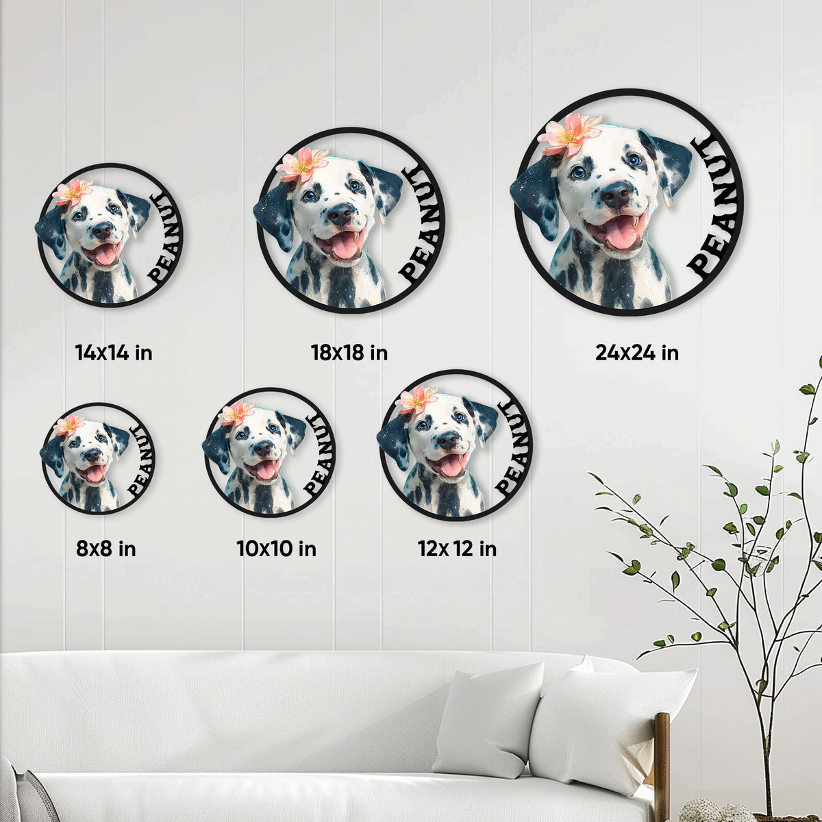Dalmatian puppy metal sign size guide showing round options from 8 by 8 inches to 24 by 24 inches