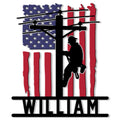 Patriotic lineman metal sign featuring a utility pole worker silhouette over a distressed American flag
