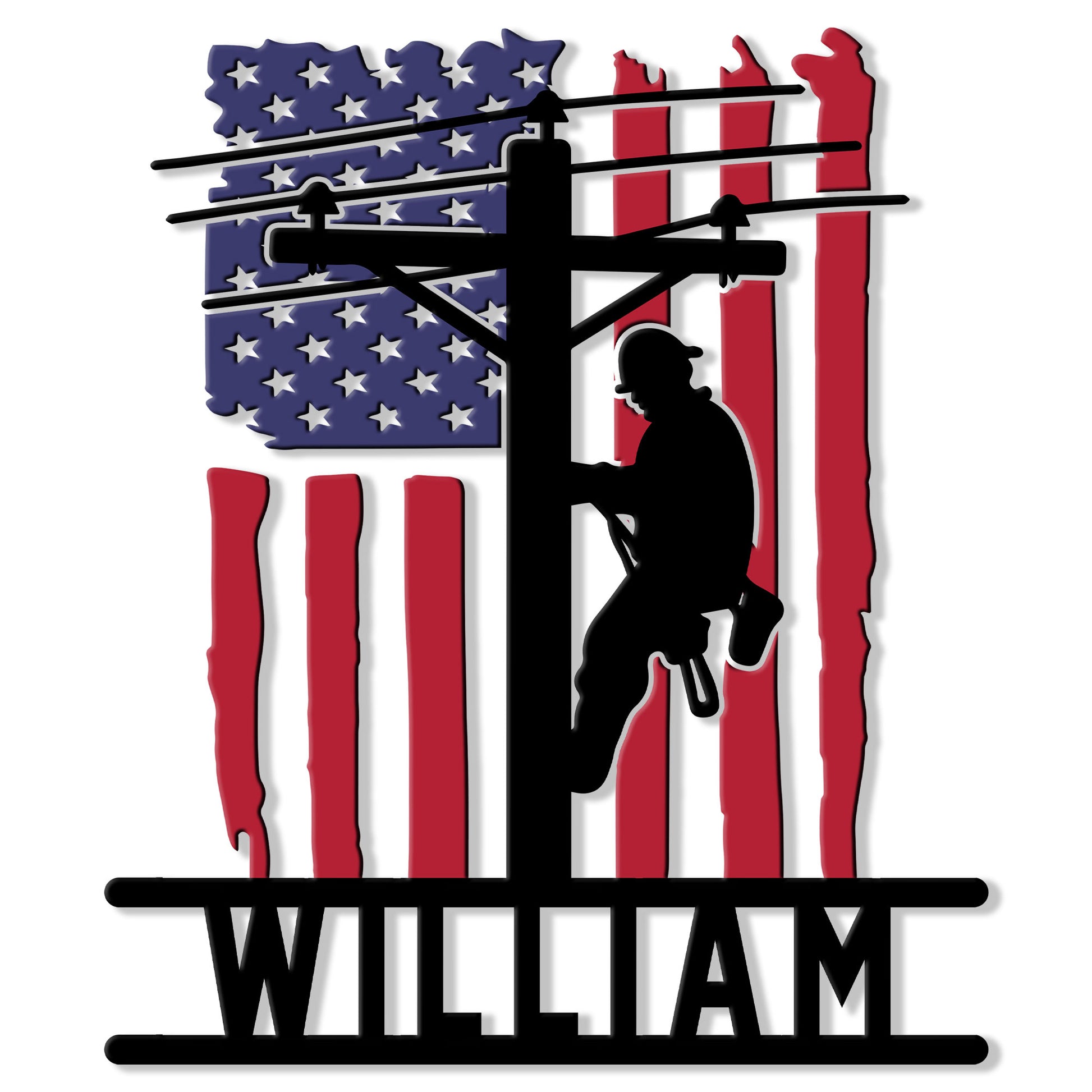 Patriotic lineman metal sign featuring a utility pole worker silhouette over a distressed American flag