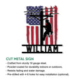 Lineman metal sign product graphic showing a patriotic utility worker design and product feature information
