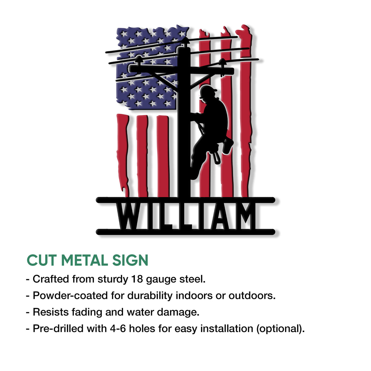 Lineman metal sign product graphic showing a patriotic utility worker design and product feature information