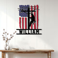 Patriotic lineman wall sign displayed above a console table in a bright home interior