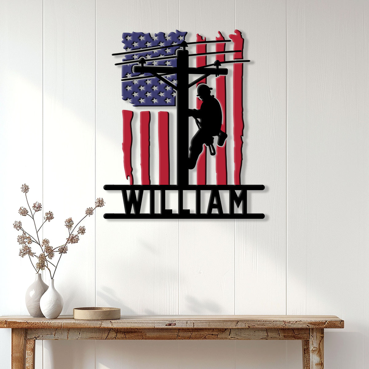 Patriotic lineman wall sign displayed above a console table in a bright home interior