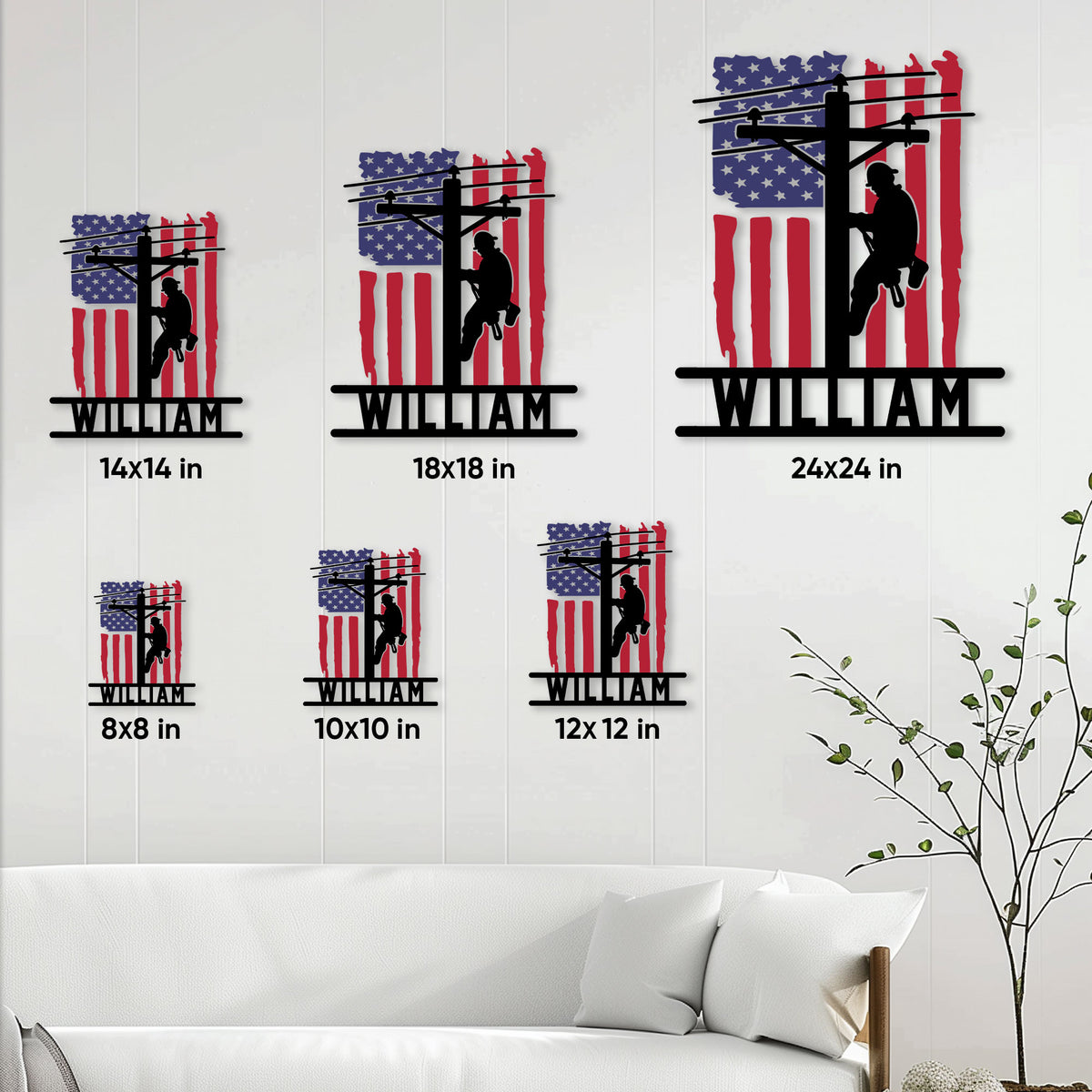 Lineman metal sign size guide showing available square sizes from 8 by 8 to 24 by 24 inches