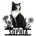 Custom tuxedo cat metal sign featuring a black-and-white cat framed by simple floral line art